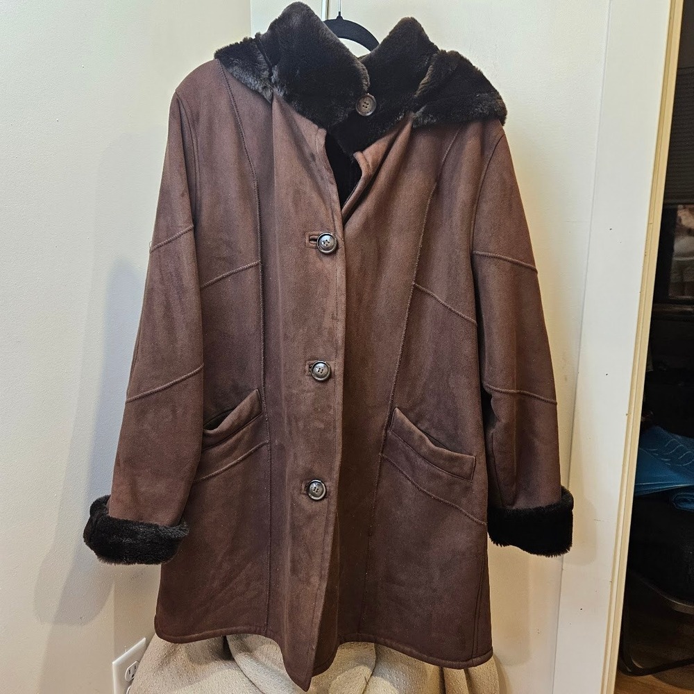 Gallery Womens XL Faux Suede Fur Lined Hooded Coat Brown Winter Parka Jacket